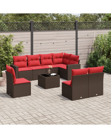 Salon de jardin avec coussins 9 pcs marron résine tressée | Mobilier & Déco
