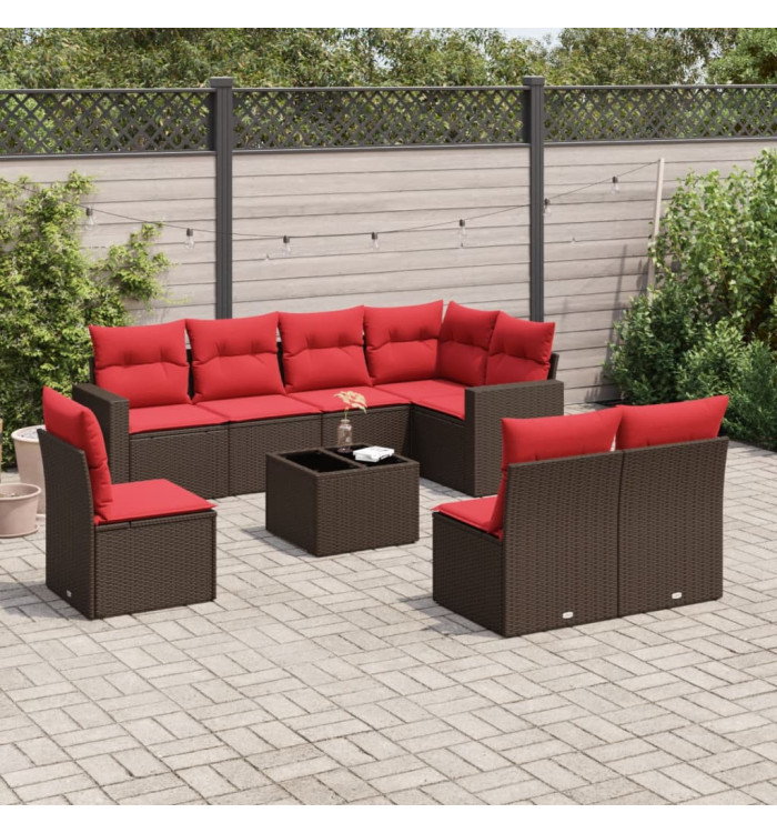 Salon de jardin avec coussins 9 pcs marron résine tressée | Mobilier & Déco