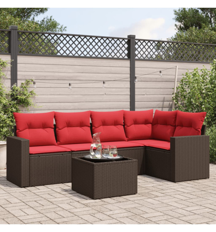 Salon de jardin 6 pcs avec coussins marron résine tressée | Mobilier & Déco