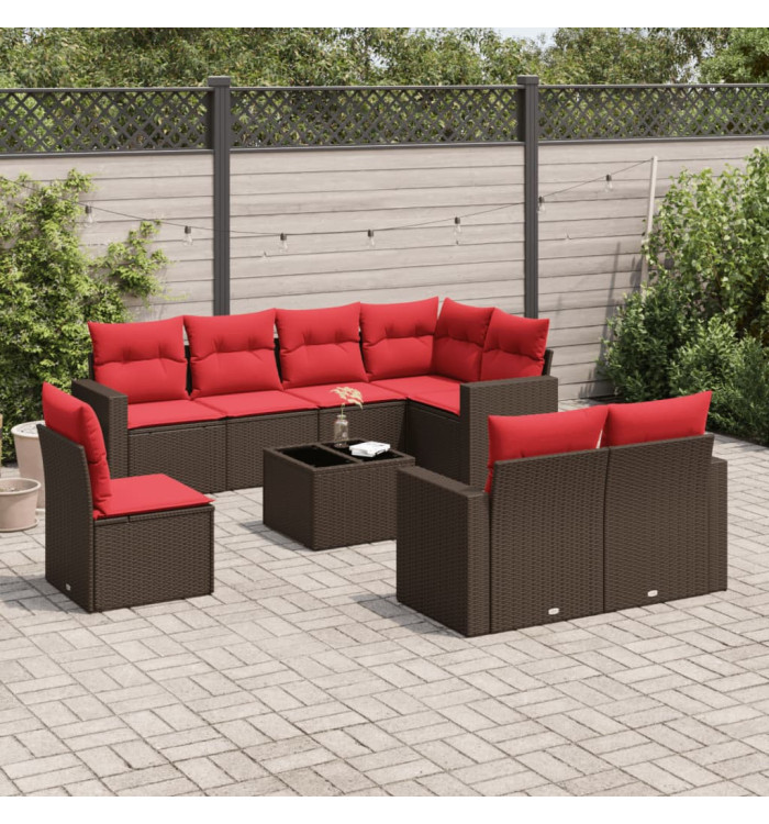 Salon de jardin avec coussins 9 pcs marron résine tressée | Mobilier & Déco