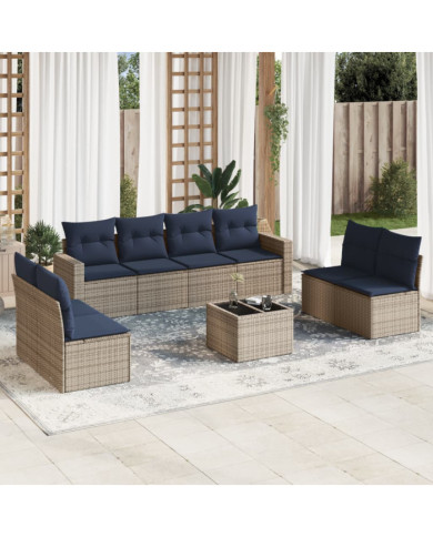 Salon de jardin 9 pcs avec coussins gris résine tressée | Mobilier & Déco