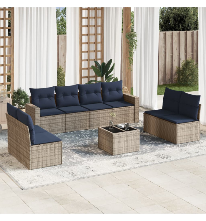 Salon de jardin 9 pcs avec coussins gris résine tressée | Mobilier & Déco