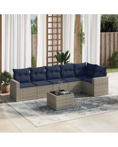 Salon de jardin 7 pcs avec coussins gris résine tressée | Mobilier & Déco