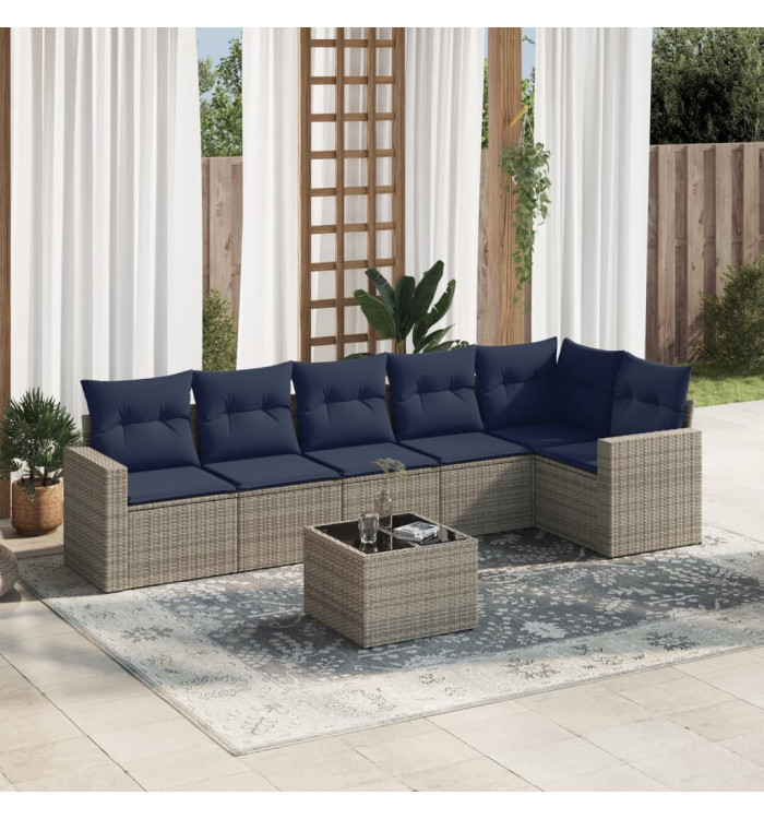 Salon de jardin 7 pcs avec coussins gris résine tressée | Mobilier & Déco