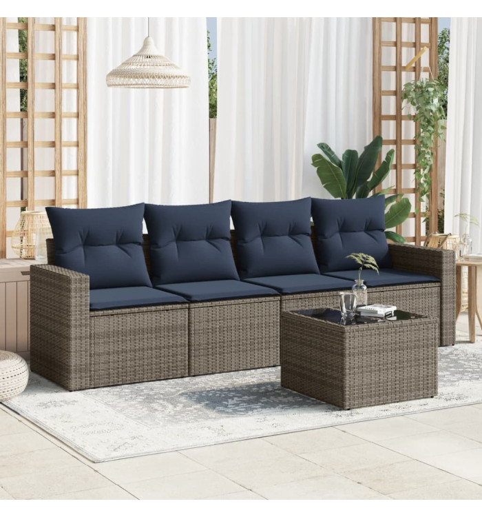 Salon de jardin 5 pcs avec coussins gris résine tressée | Mobilier & Déco