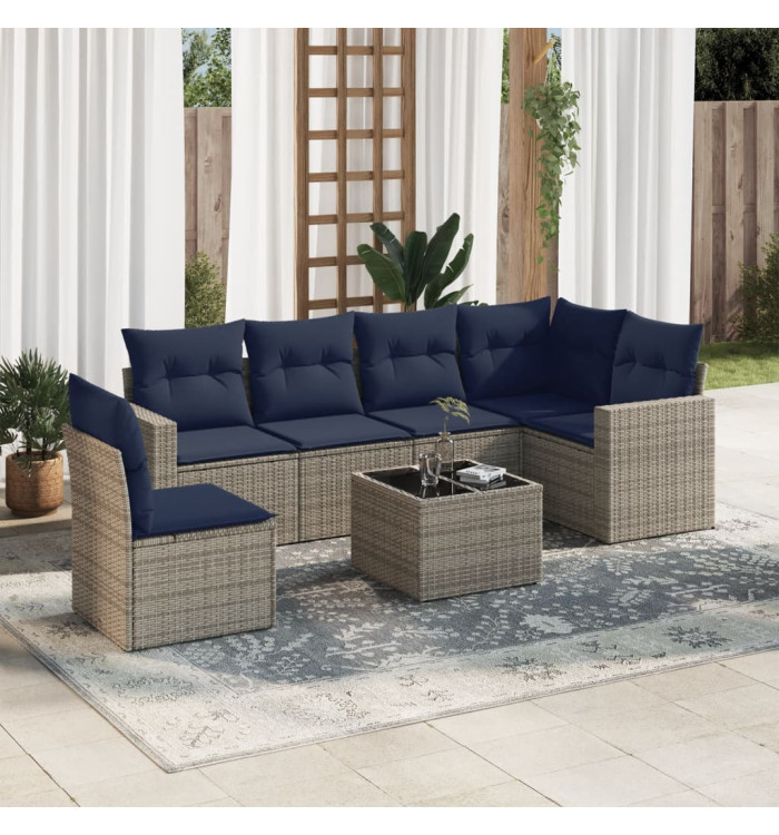 Salon de jardin 7 pcs avec coussins gris résine tressée | Mobilier & Déco