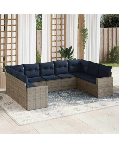 Salon de jardin 9 pcs avec coussins gris résine tressée | Mobilier & Déco