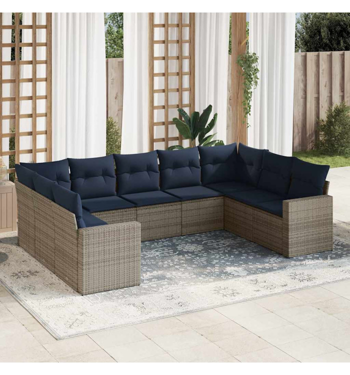 Salon de jardin 9 pcs avec coussins gris résine tressée | Mobilier & Déco