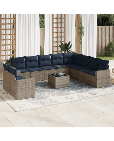 Salon de jardin 11 pcs avec coussins gris résine tressée | Mobilier & Déco