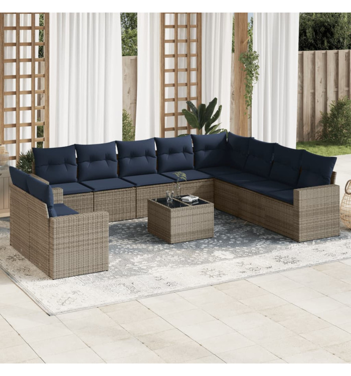Salon de jardin 11 pcs avec coussins gris résine tressée | Mobilier & Déco
