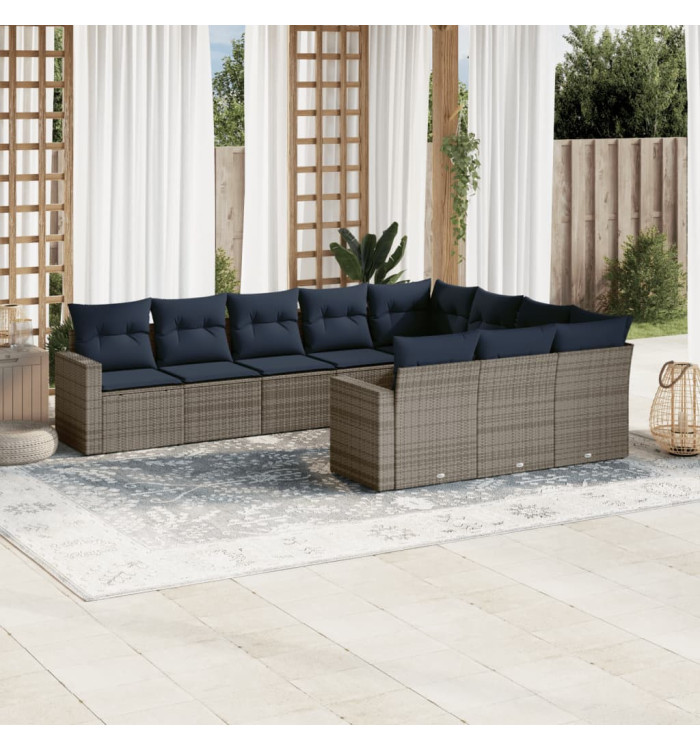 Salon de jardin 10 pcs avec coussins gris résine tressée | Mobilier & Déco