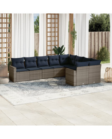 Salon de jardin 9 pcs avec coussins gris résine tressée | Mobilier & Déco