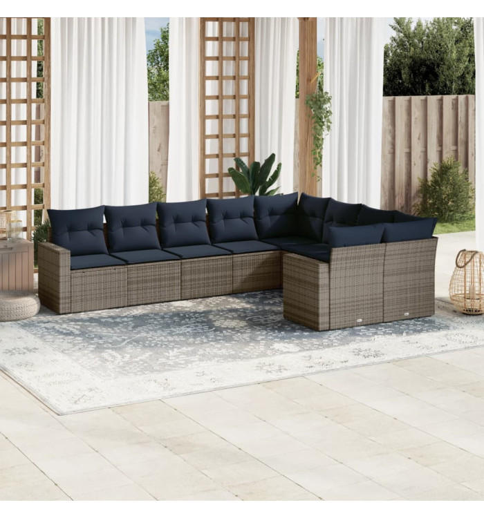 Salon de jardin 9 pcs avec coussins gris résine tressée | Mobilier & Déco