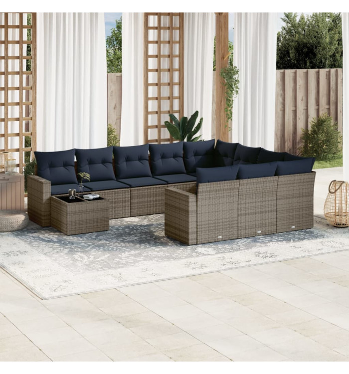 Salon de jardin 11 pcs avec coussins gris résine tressée | Mobilier & Déco