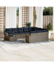 Salon de jardin 11 pcs avec coussins gris résine tressée | Mobilier & Déco