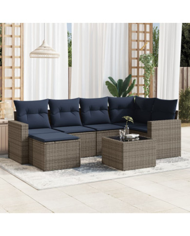 Salon de jardin 7 pcs avec coussins gris résine tressée | Mobilier & Déco