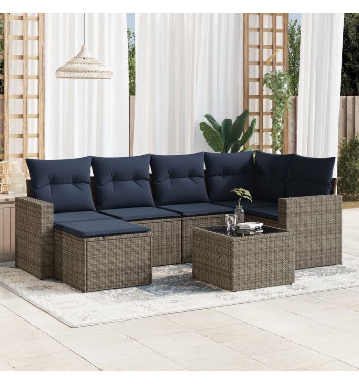 Salon de jardin 7 pcs avec coussins gris résine tressée | Mobilier & Déco