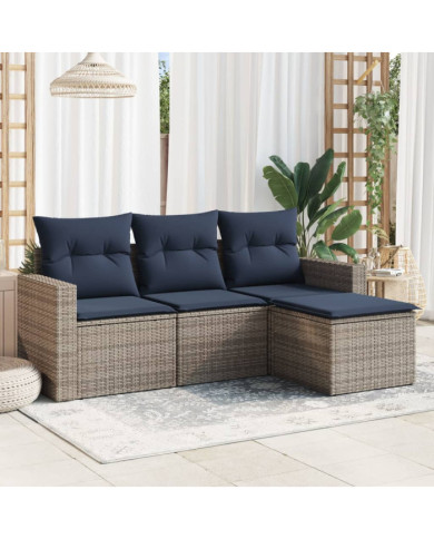 Salon de jardin 4 pcs avec coussins gris résine tressée | Mobilier & Déco