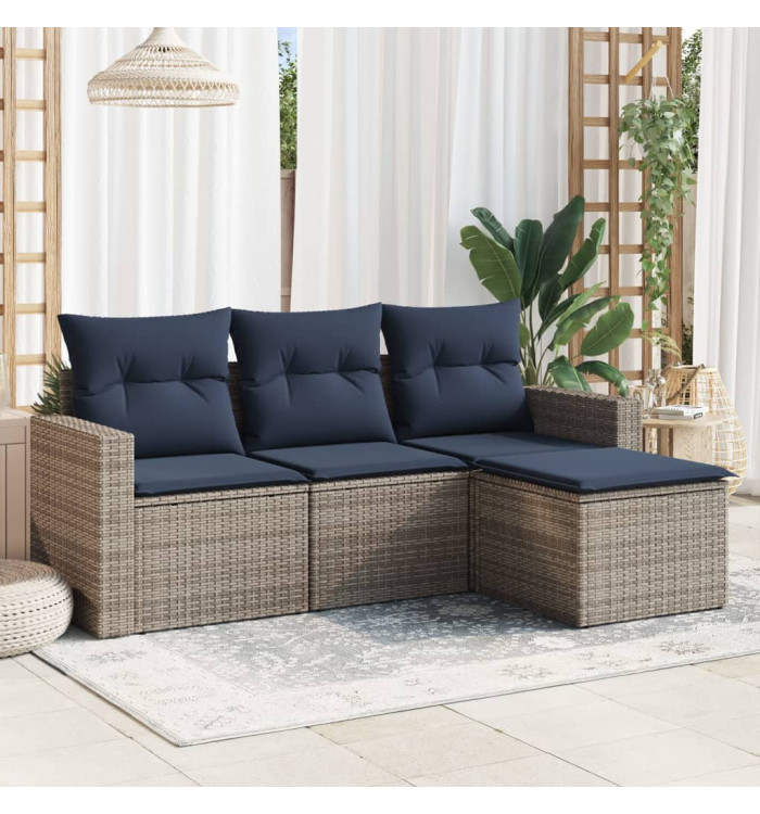 Salon de jardin 4 pcs avec coussins gris résine tressée | Mobilier & Déco