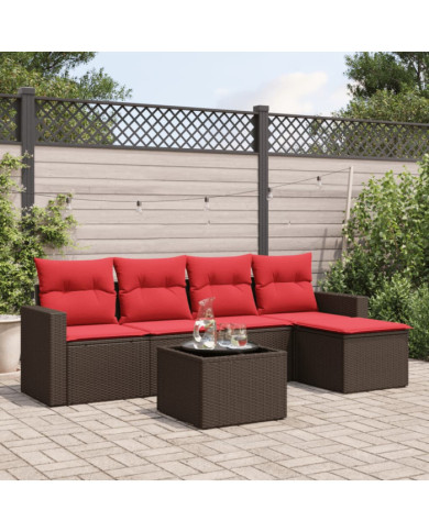 Salon de jardin 6 pcs avec coussins marron résine tressée | Mobilier & Déco