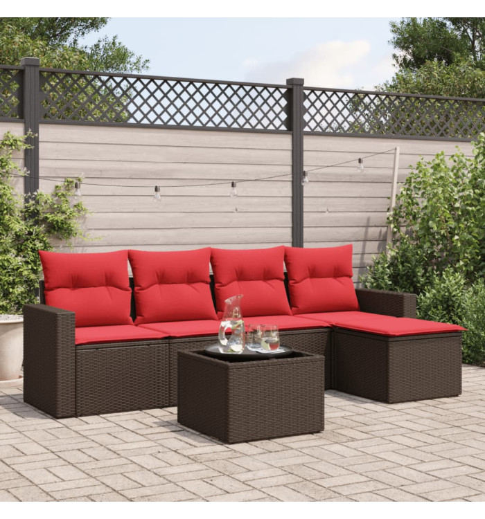 Salon de jardin 6 pcs avec coussins marron résine tressée | Mobilier & Déco