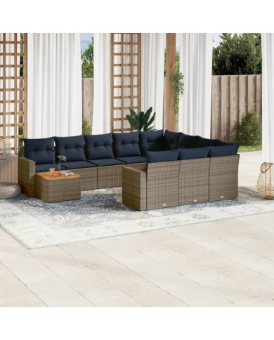 Salon de jardin 11 pcs avec coussins gris résine tressée | Mobilier & Déco