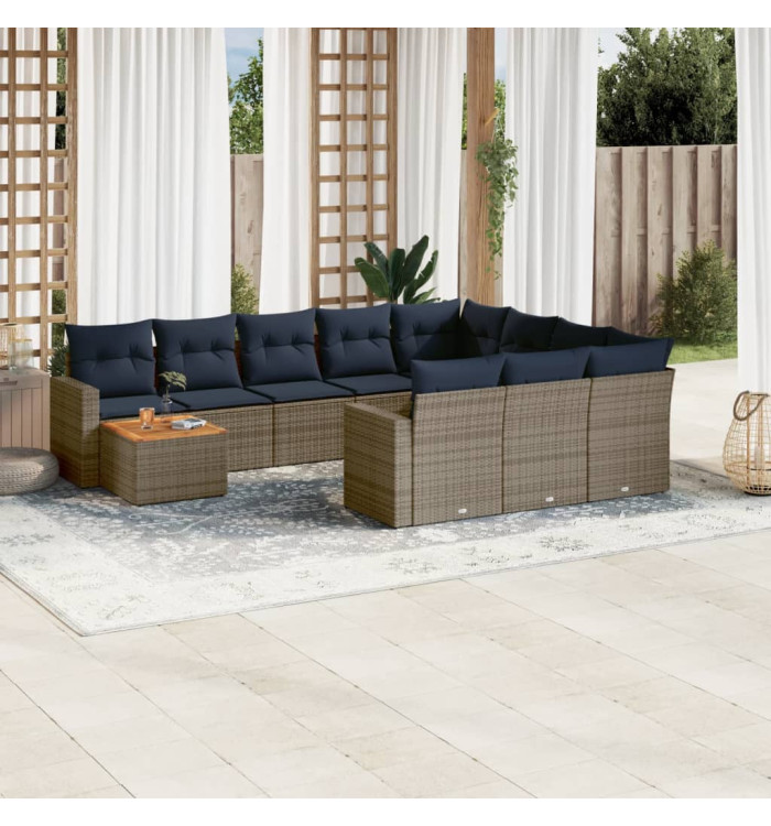 Salon de jardin 11 pcs avec coussins gris résine tressée | Mobilier & Déco