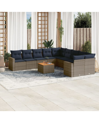 Salon de jardin 11 pcs avec coussins gris résine tressée | Mobilier & Déco