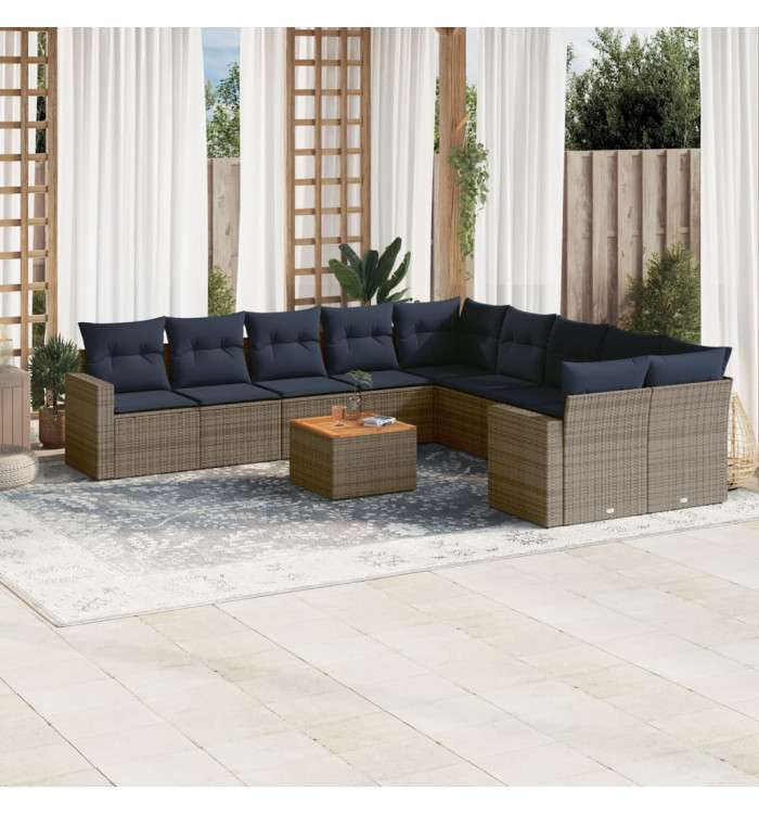 Salon de jardin 11 pcs avec coussins gris résine tressée | Mobilier & Déco