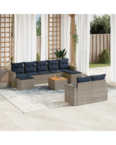 Salon de jardin 10 pcs avec coussins gris résine tressée | Mobilier & Déco