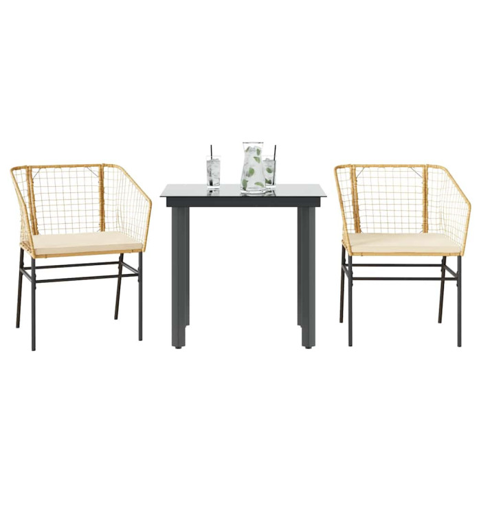 Ensemble à manger jardin coussins 3pcs marron poly rotin verre | Mobilier & Déco