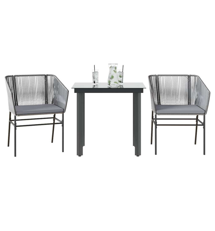 Ensemble à manger jardin coussins 3 pcs gris poly rotin verre | Mobilier & Déco