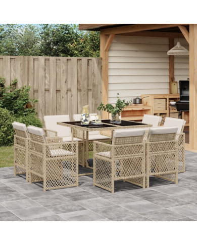 Ensemble à manger de jardin et coussins 9 pcs beige Poly rotin | Mobilier & Déco
