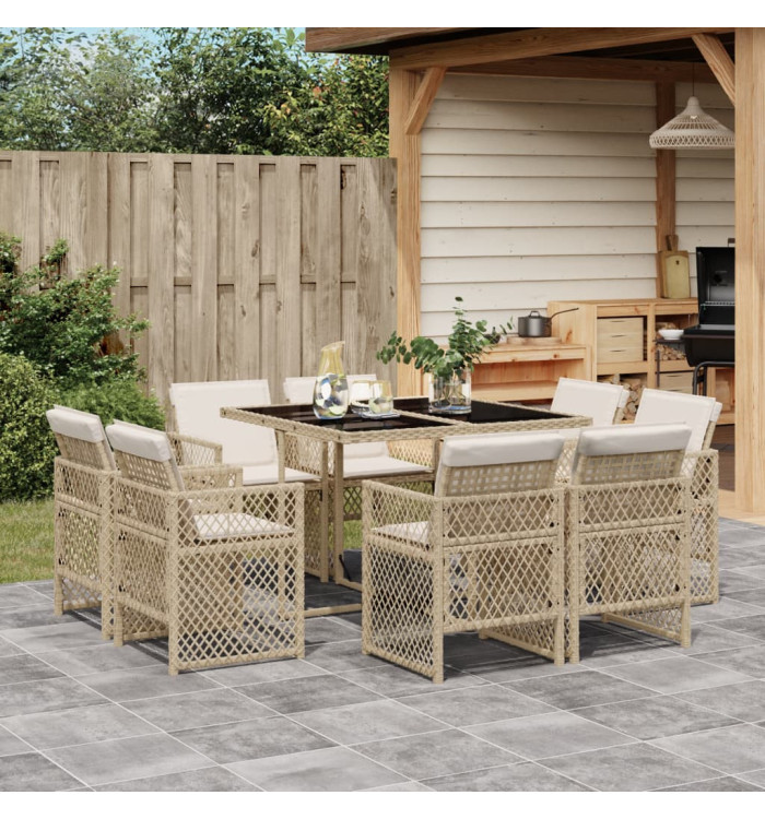 Ensemble à manger de jardin et coussins 9 pcs beige Poly rotin | Mobilier & Déco
