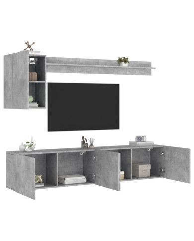 Unités murales TV 5 pcs gris béton bois d'ingénierie | Mobilier & Déco