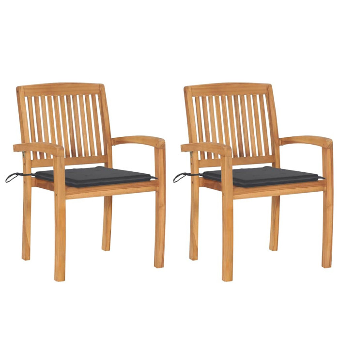 Chaises de jardin lot de 2 et coussins anthracite Bois de teck | Mobilier & Déco