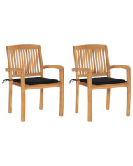 Chaises de jardin lot de 2 et coussins noir Bois de teck massif | Mobilier & Déco