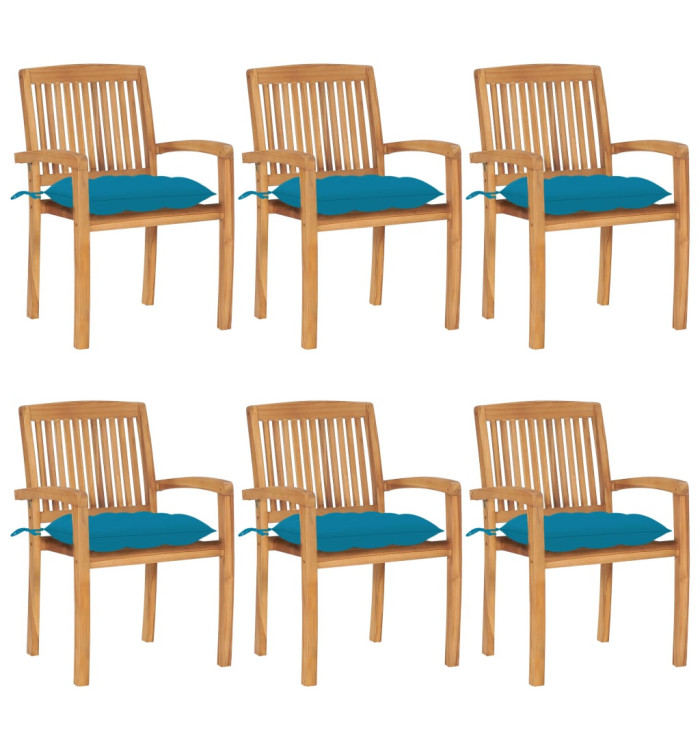 Chaises de jardin empilables avec coussins lot de 6 Teck solide | Mobilier & Déco