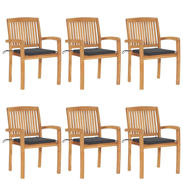 Chaises de jardin empilables avec coussins lot de 6 Teck solide | Mobilier & Déco
