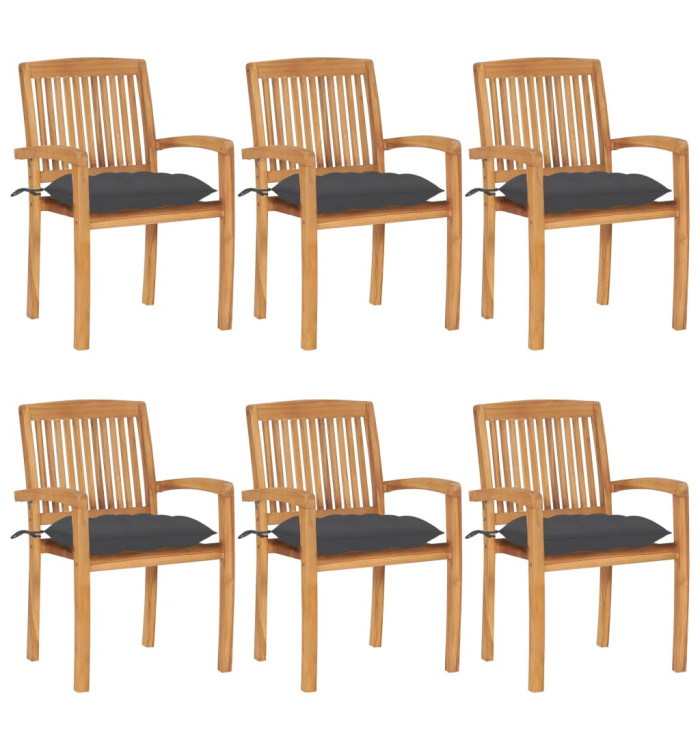 Chaises de jardin empilables avec coussins lot de 6 Teck solide | Mobilier & Déco