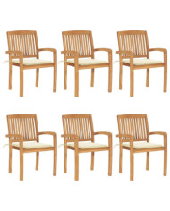 Chaises de jardin empilables avec coussins lot de 6 Teck solide | Mobilier & Déco