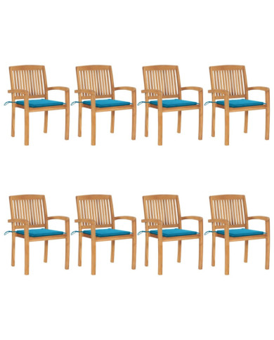 Chaises de jardin empilables avec coussins lot de 8 Teck solide | Mobilier & Déco