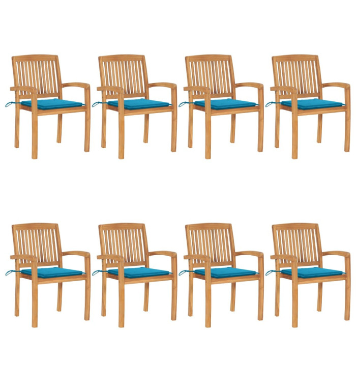 Chaises de jardin empilables avec coussins lot de 8 Teck solide | Mobilier & Déco
