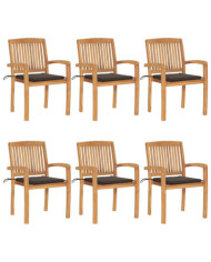 Chaises de jardin empilables avec coussins lot de 6 Teck solide | Mobilier & Déco