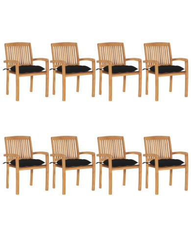 Chaises de jardin empilables avec coussins lot de 8 Teck solide | Mobilier & Déco