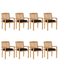 Chaises de jardin empilables avec coussins lot de 8 Teck solide | Mobilier & Déco