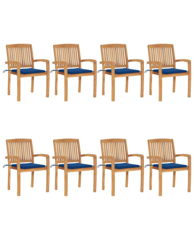 Chaises de jardin empilables avec coussins lot de 8 Teck solide | Mobilier & Déco