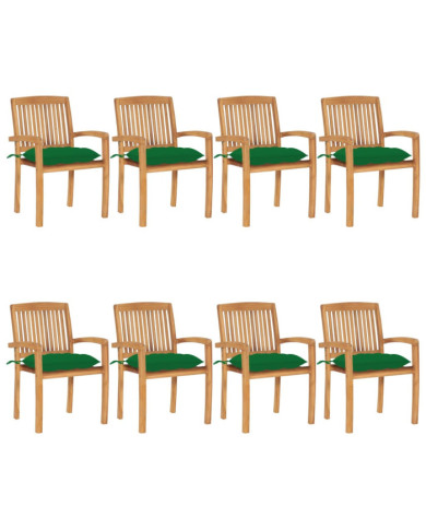 Chaises de jardin empilables avec coussins lot de 8 Teck solide | Mobilier & Déco