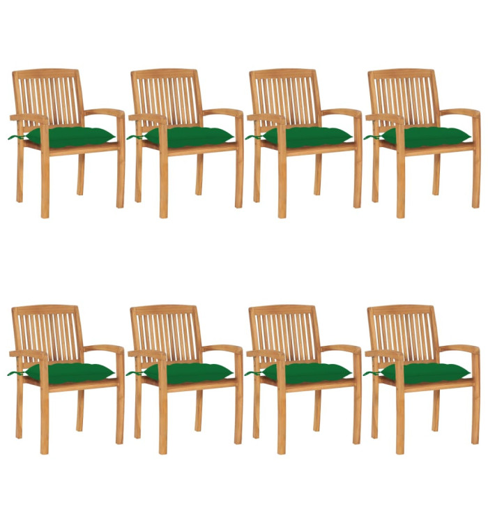 Chaises de jardin empilables avec coussins lot de 8 Teck solide | Mobilier & Déco