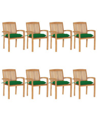 Chaises de jardin empilables avec coussins lot de 8 Teck solide | Mobilier & Déco